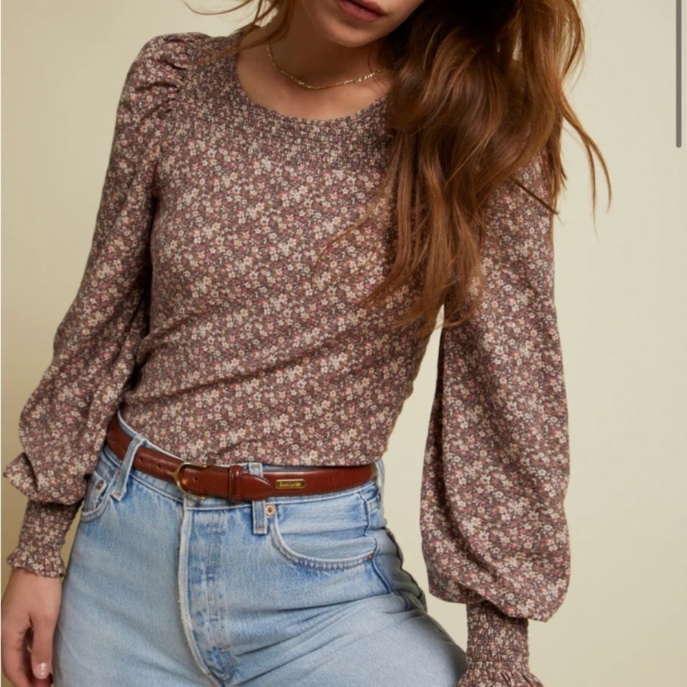 Nation LTD Abigail Festival Floral Pima Cotton Long Puff Sleeve Top size XS